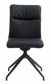 Moderner schwarzer Stuhl mit gepolsterter Rückenlehne und Metallbeinen, Frontalansicht.