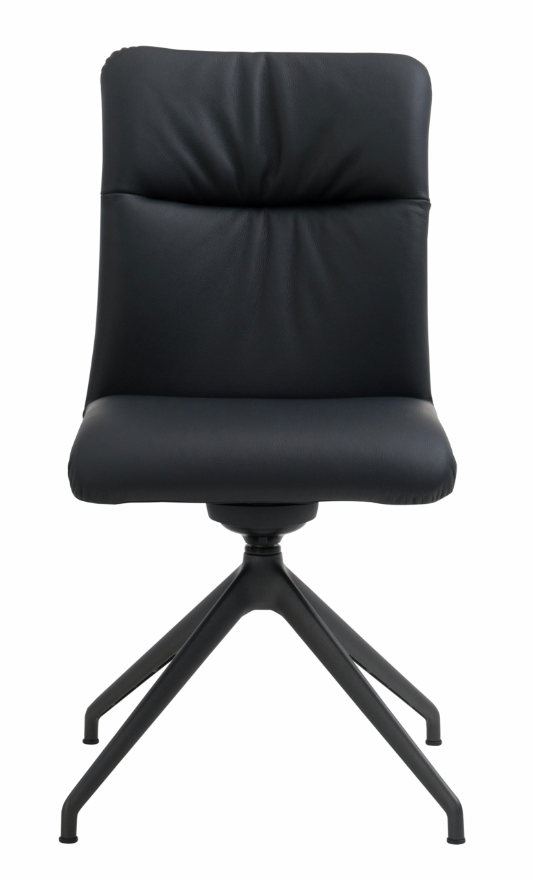 Moderner schwarzer Stuhl mit gepolsterter Rückenlehne und Metallbeinen, Frontalansicht.