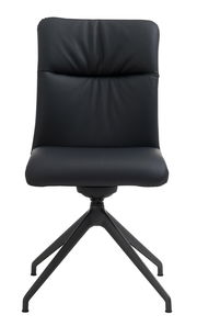 Moderner schwarzer Stuhl mit gepolsterter Rückenlehne und Metallbeinen, Frontalansicht.