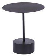 Runder schwarzer Beistelltisch mit schlankem Standbein und zylindrischem Sockel, seitliche Perspektive