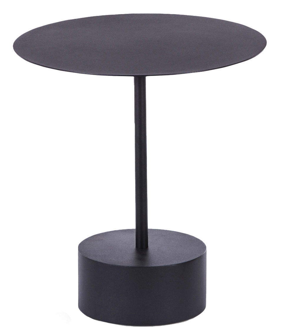 Runder schwarzer Beistelltisch mit schlankem Standbein und zylindrischem Sockel, seitliche Perspektive