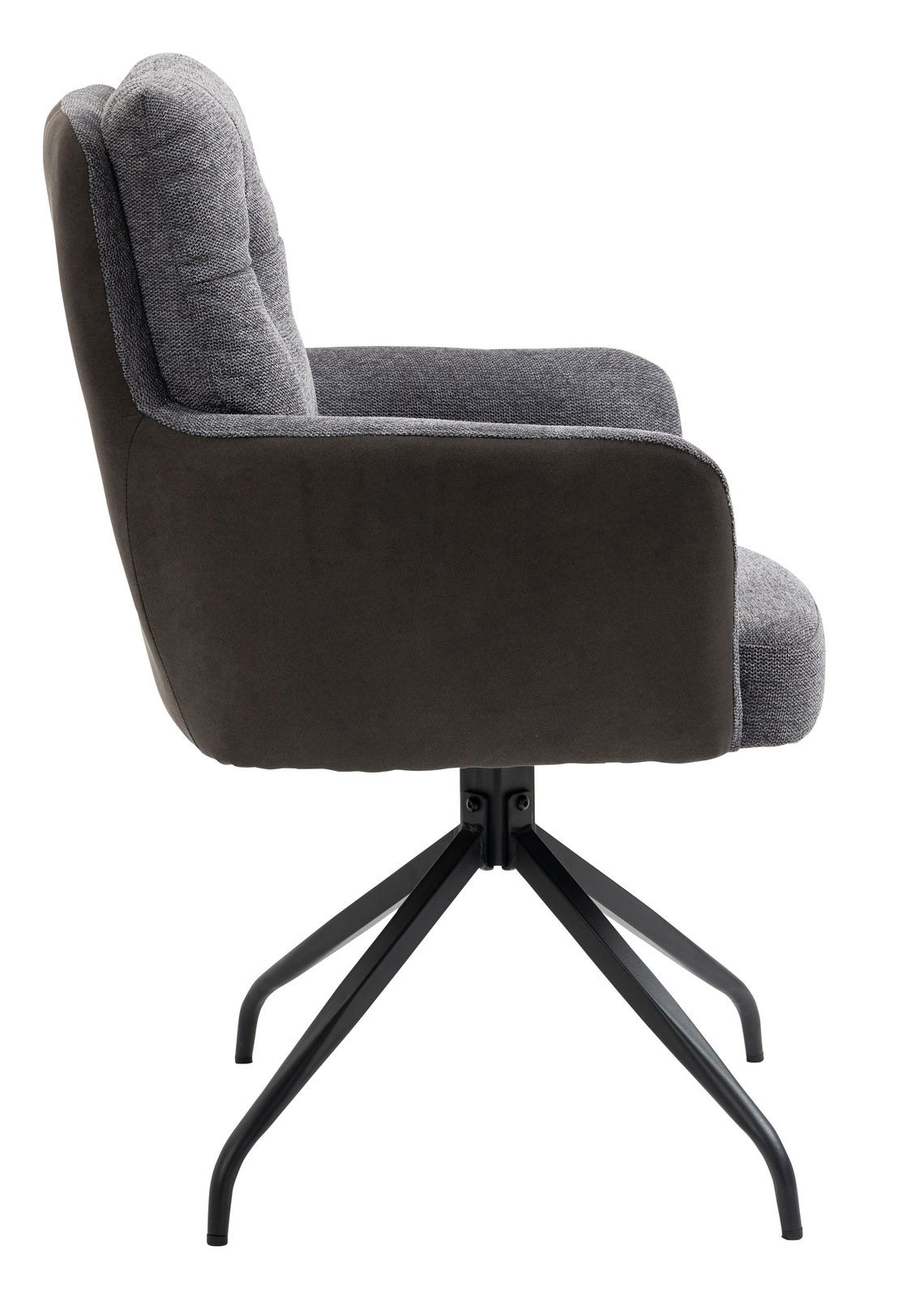 Moderner Sessel mit grauem Stoffbezug und schwarzem Metallgestell, Seitenansicht.