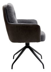 Moderner Sessel mit grauem Stoffbezug und schwarzem Metallgestell, Seitenansicht.