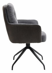 Moderner Sessel mit grauem Stoffbezug und schwarzem Metallgestell, Seitenansicht.