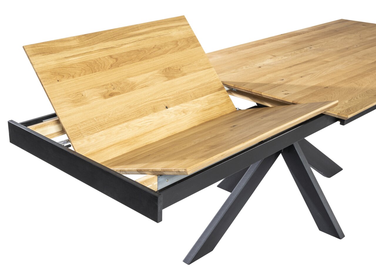 Erweiterbarer Esstisch aus Holz mit schwarzem Metallgestell, seitliche Perspektive