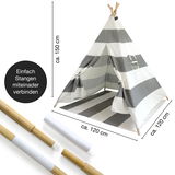 Graues und weiß gestreiftes Tipi-Zelt, ca. 150 cm hoch und 120 cm breit, mit einfacher Stangenverbindung, seitliche Perspektive