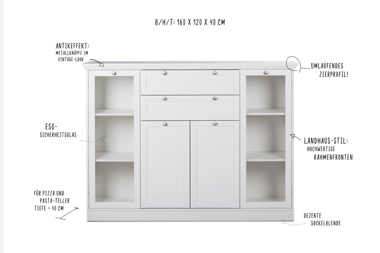 Weißes Highboard im Landhausstil mit Metallknöpfen im Vintage-Look, ESG-Sicherheitsglas und umlaufendem Zierprofil, frontal abgebildet.
