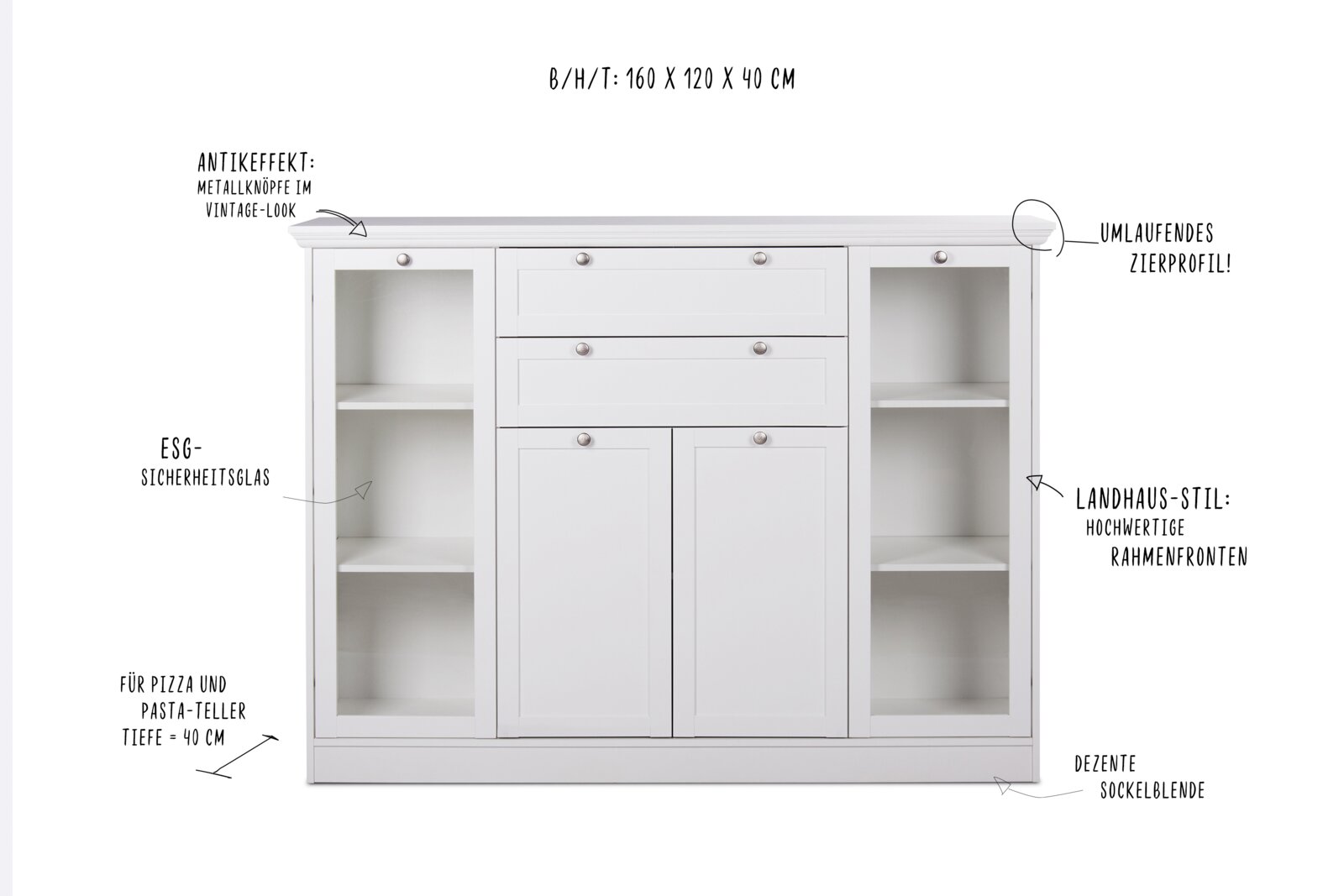 Weißes Highboard im Landhausstil mit Metallknöpfen im Vintage-Look, ESG-Sicherheitsglas und umlaufendem Zierprofil, frontal abgebildet.