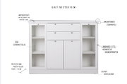 Weißes Highboard im Landhausstil mit Metallknöpfen im Vintage-Look, ESG-Sicherheitsglas und umlaufendem Zierprofil, frontal abgebildet.