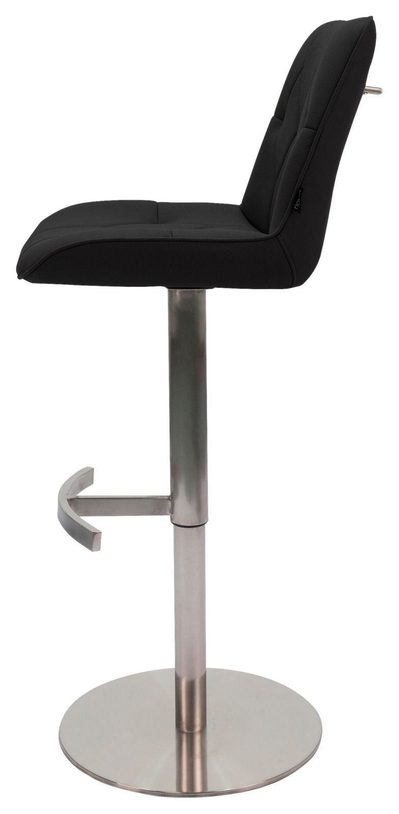 Moderner schwarzer Barhocker mit Edelstahlfuß, Seitenansicht