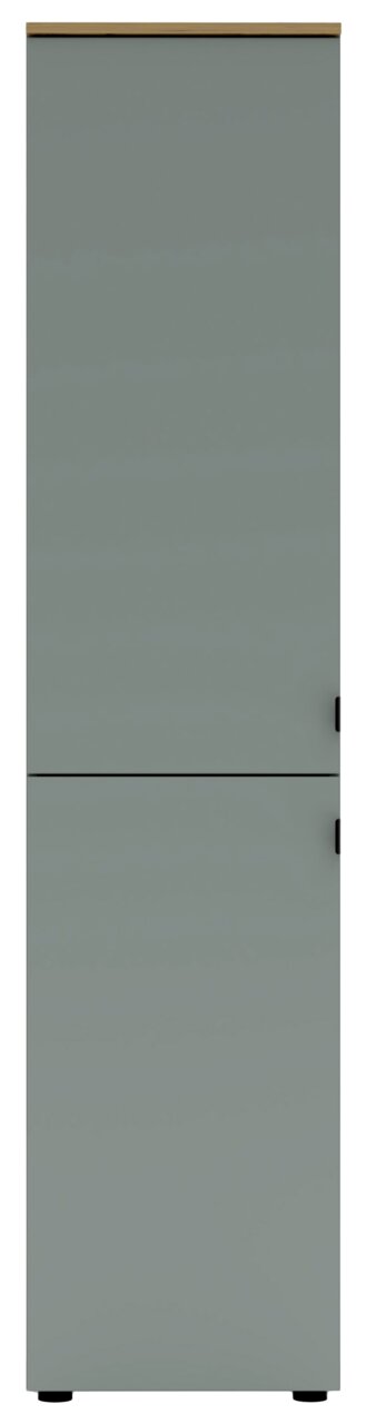 Büroschrank in grauer Farbe, frontal fotografiert, mit zwei Türen und schwarzen Griffen.