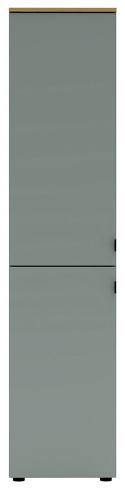 Büroschrank in grauer Farbe, frontal fotografiert, mit zwei Türen und schwarzen Griffen.