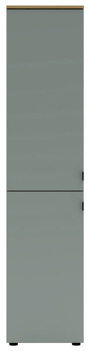 Büroschrank in grauer Farbe, frontal fotografiert, mit zwei Türen und schwarzen Griffen.