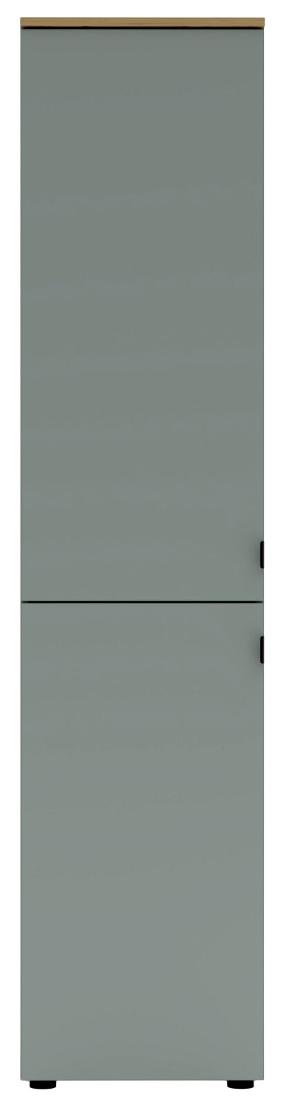 Büroschrank in grauer Farbe, frontal fotografiert, mit zwei Türen und schwarzen Griffen.