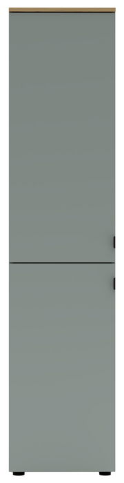 Büroschrank in grauer Farbe, frontal fotografiert, mit zwei Türen und schwarzen Griffen.