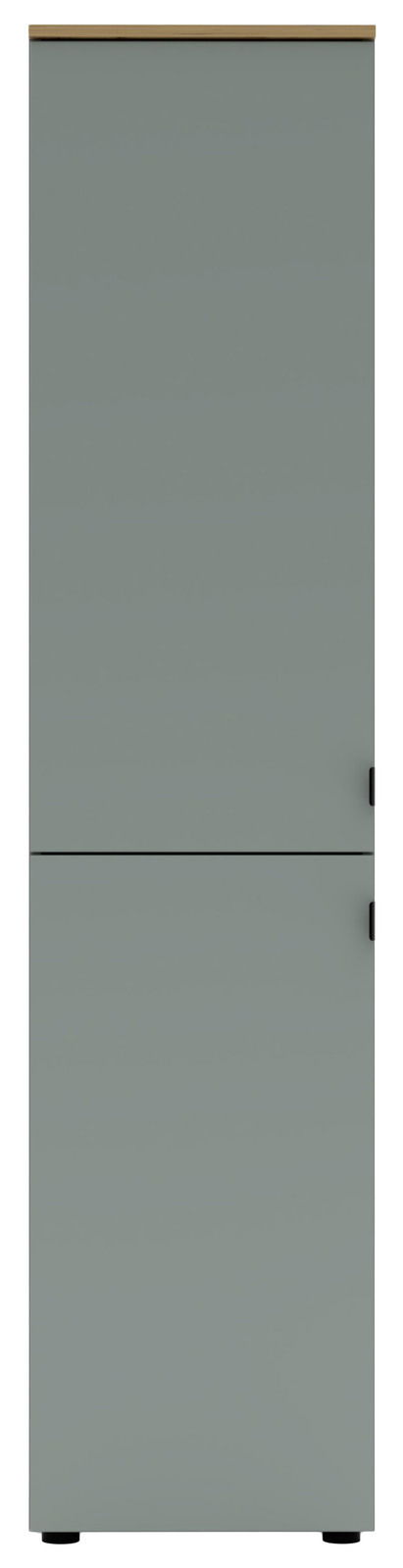 Büroschrank in grauer Farbe, frontal fotografiert, mit zwei Türen und schwarzen Griffen.