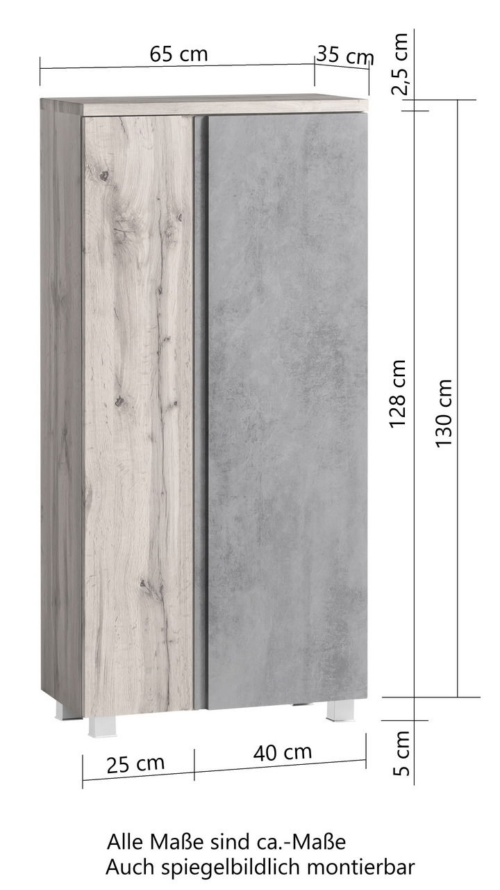 Midischrank 65 cm mit Holz- und Betonoptik, Frontansicht