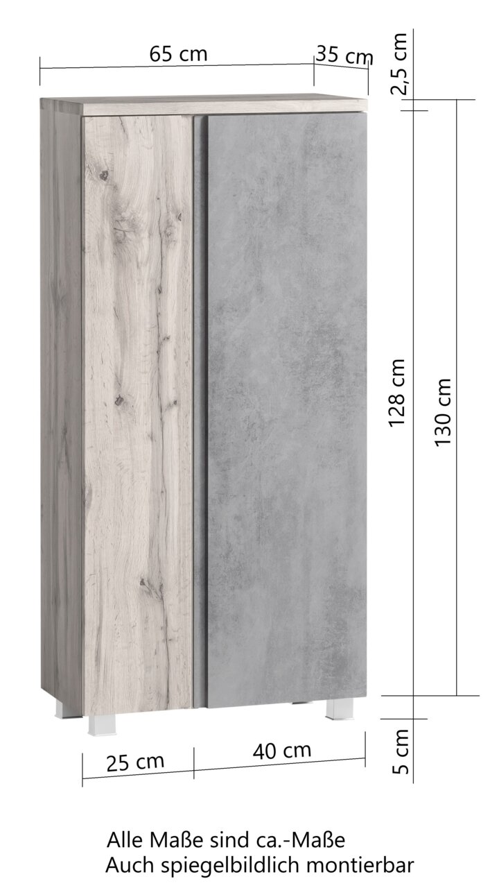 Midischrank 65 cm mit Holz- und Betonoptik, Frontansicht