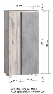 Midischrank 65 cm mit Holz- und Betonoptik, Frontansicht