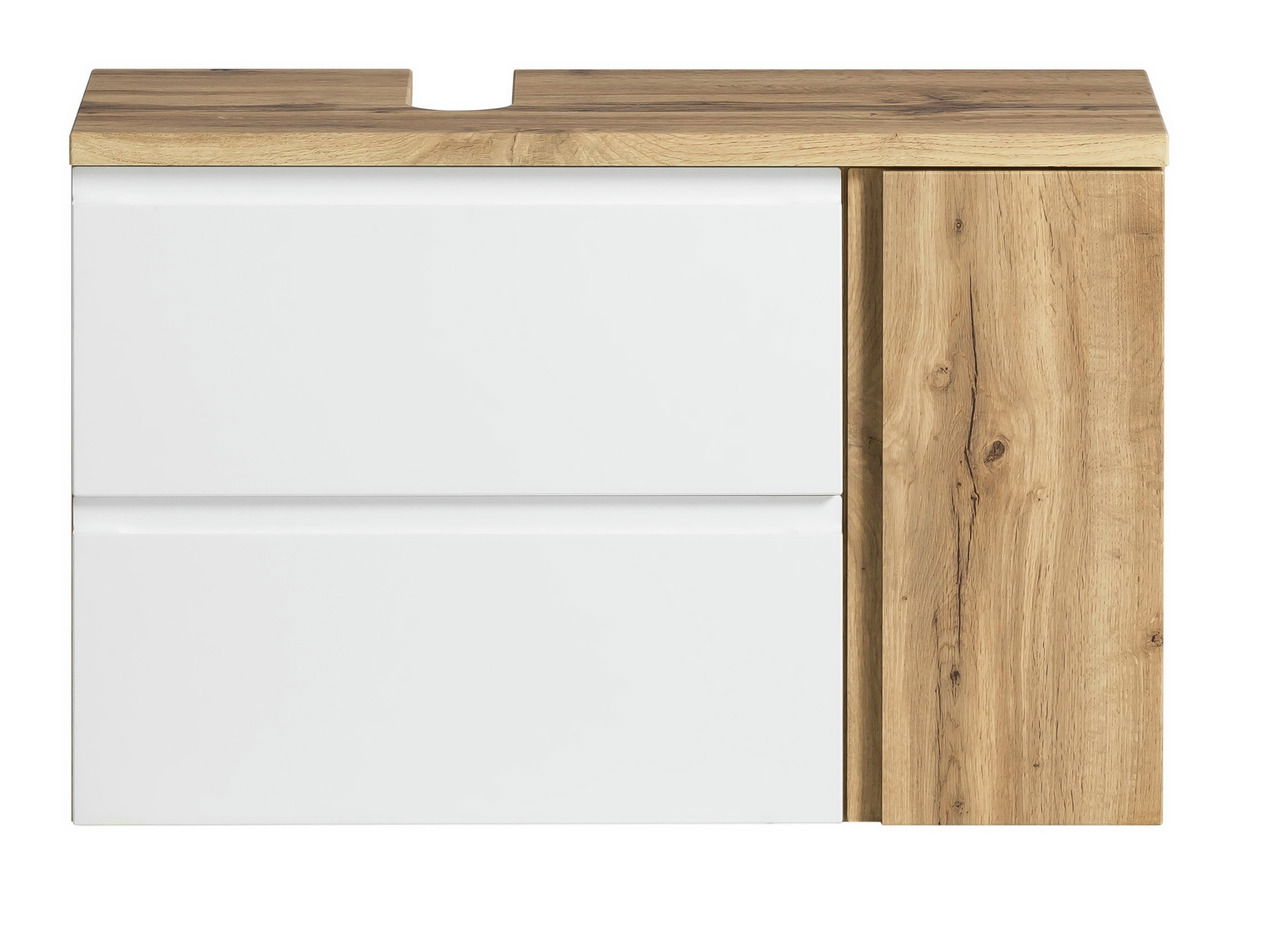 XORA Waschbeckenunterschrank VARESE Waschbeckenunterschrank in Holzoptik mit zwei weißen Schubladen, Frontalansicht