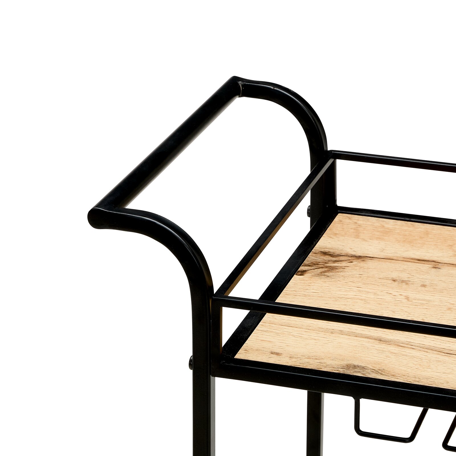 Detailansicht eines Servierwagens im Industrial-Design mit schwarzem Metallrahmen und Holzablage, schräg von oben aus der Ecke fotografiert