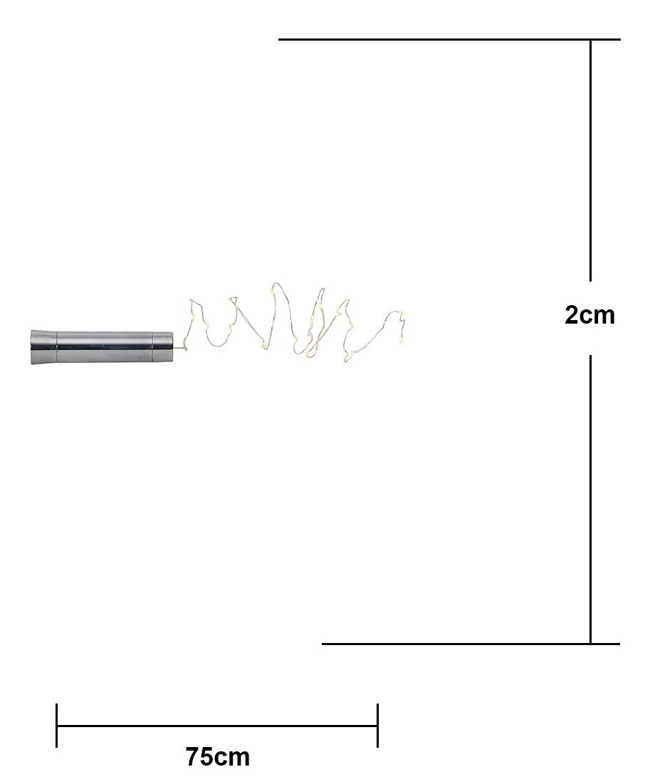 Silberfarbene LED-Lichterkette mit zylindrischem Batteriefach, Drahtlichter in Wellenform, Länge ca. 75 cm, Draufsicht auf weißem Hintergrund (Höhe ca. 2 cm)