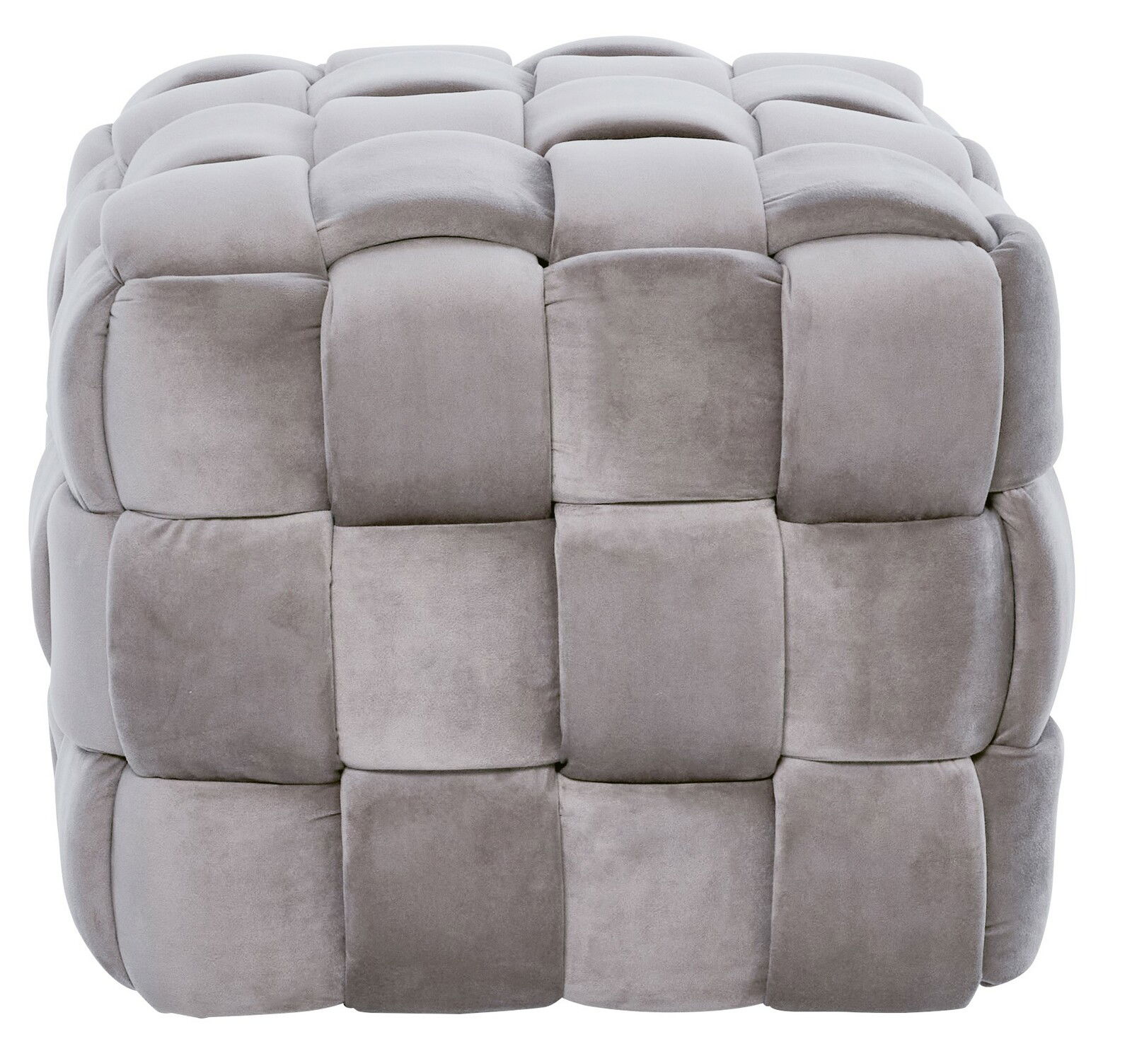 Grauer, gepolsterter Hocker mit quadratischem Muster, Frontalansicht