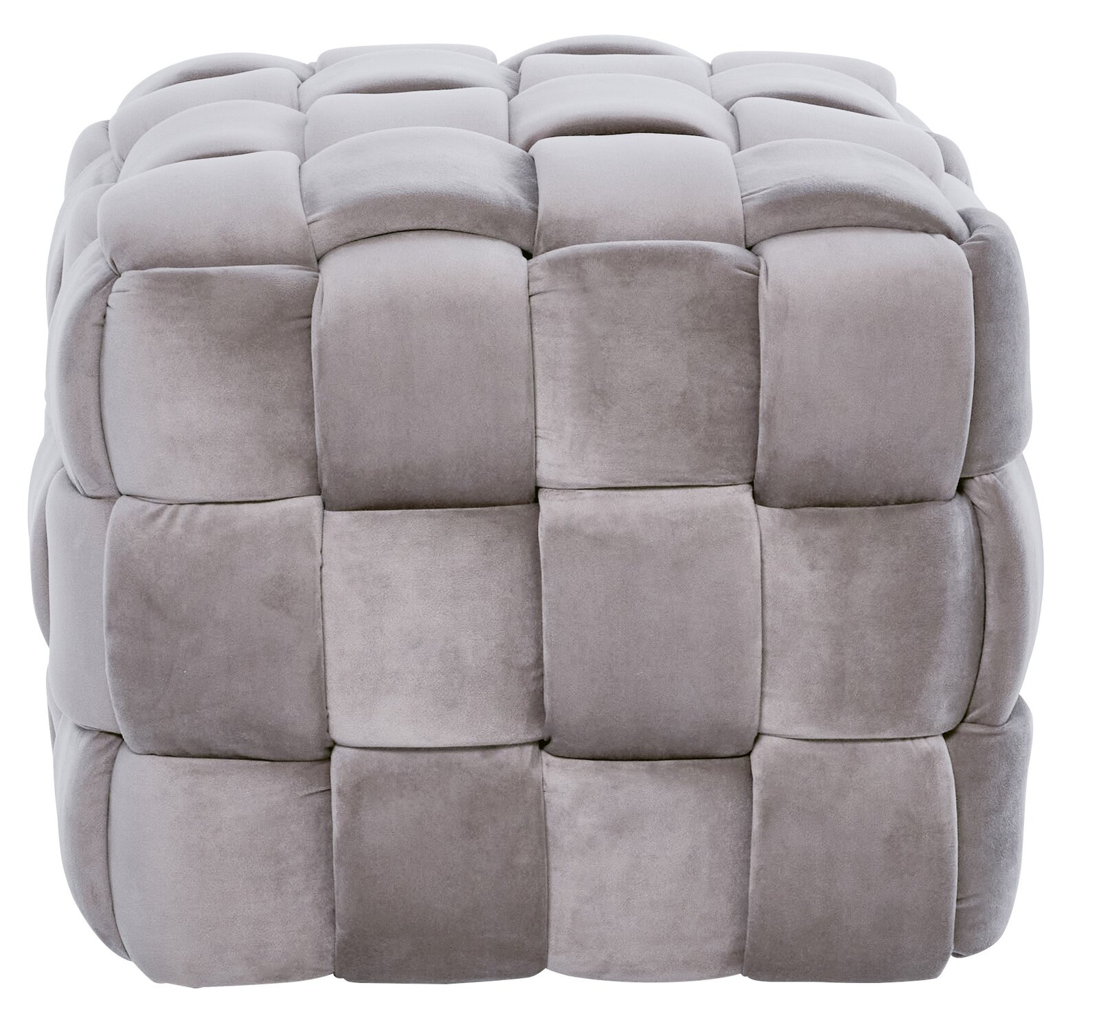 Grauer, gepolsterter Hocker mit quadratischem Muster, Frontalansicht