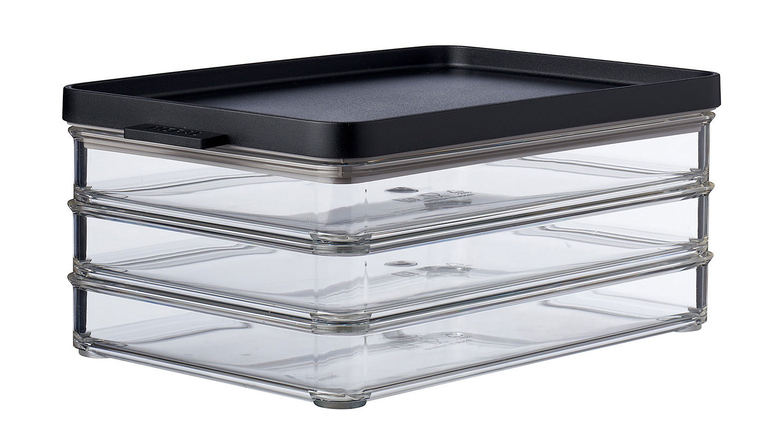 Transparente Kühlschrankdose Omnia mit schwarzem Deckel, seitliche Perspektive