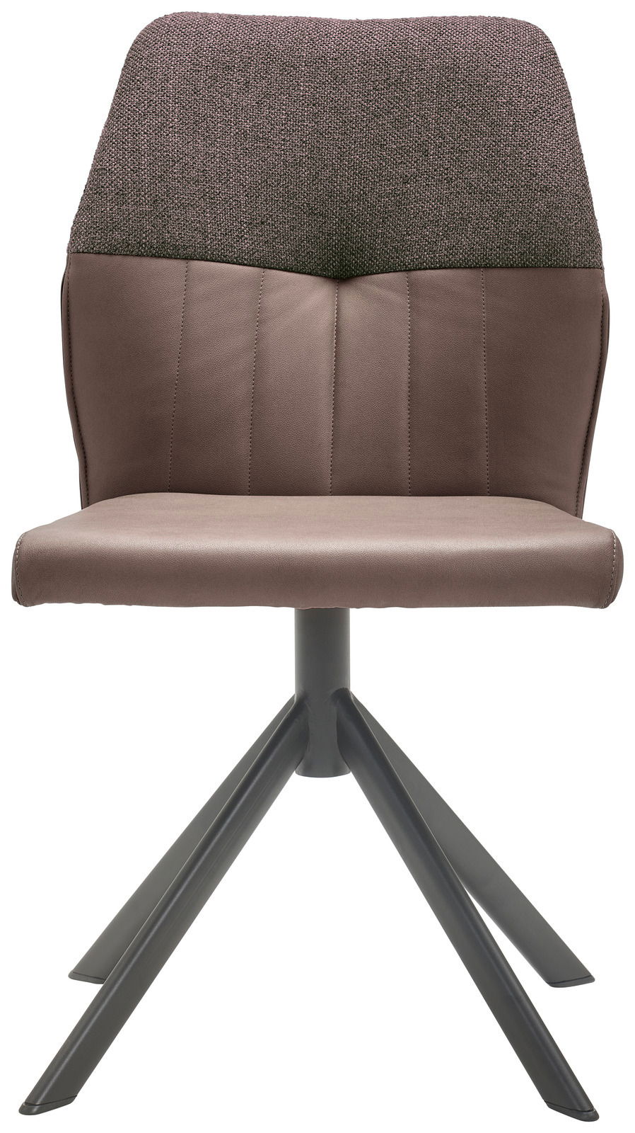 Moderner Stuhl mit gepolsterter Rückenlehne und Sitzfläche in braunem Stoff, auf einem stabilen Metallgestell, Frontalansicht.