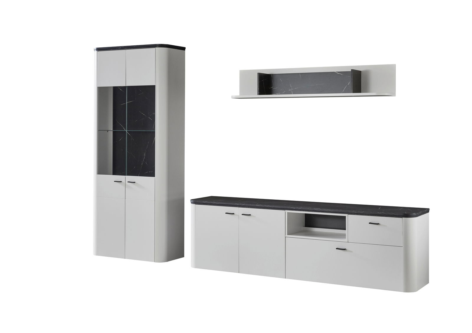 Zurbrüggen Wandcombinatie WAVE Moderne Wandkombination in Weiß mit schwarzer Marmoroptik, bestehend aus einem hohen Schrank, einem langen Sideboard und einem Wandregal. Frontalansicht.