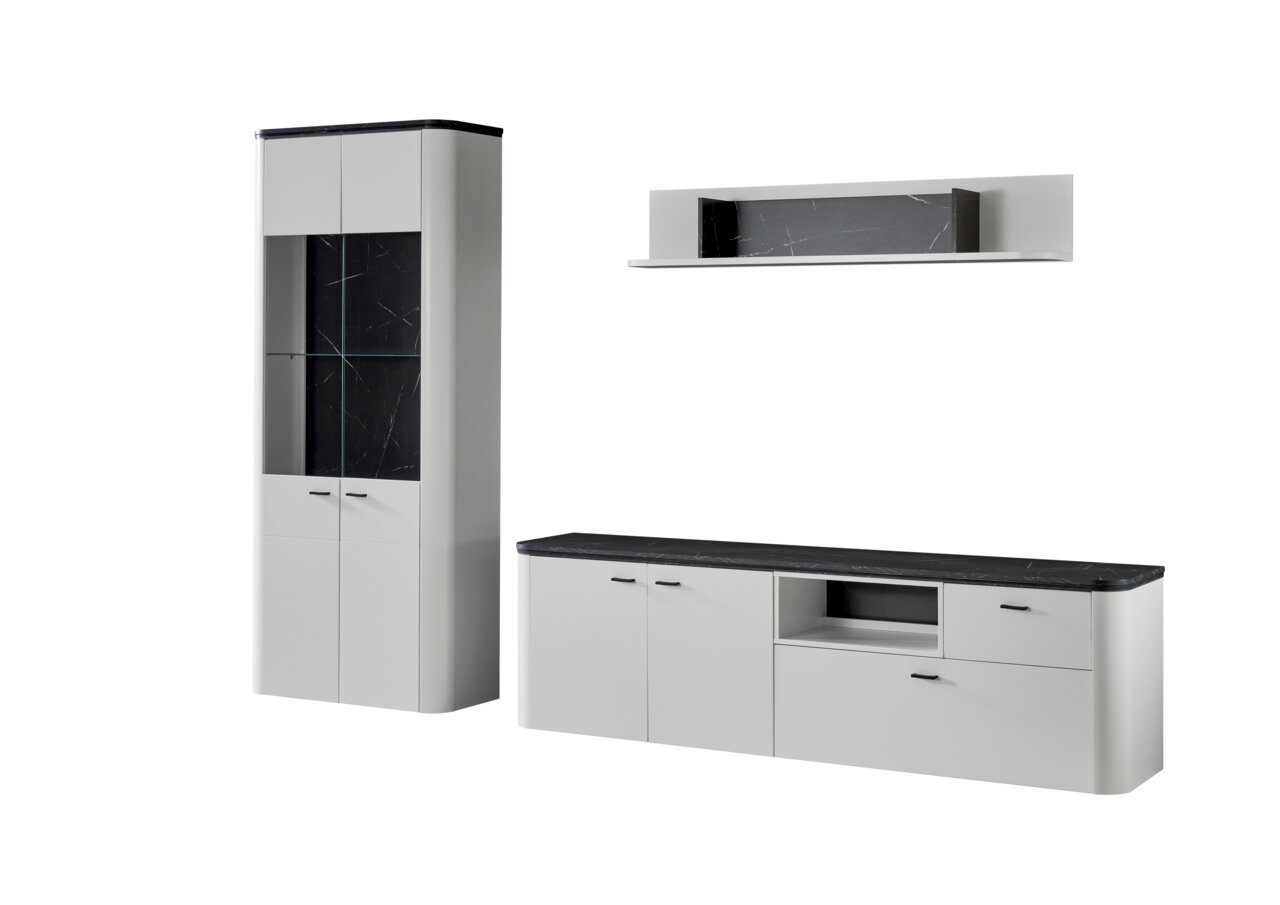 Zurbrüggen Wandkombination WAVE Moderne Wandkombination in Weiß mit schwarzer Marmoroptik, bestehend aus einem hohen Schrank, einem langen Sideboard und einem Wandregal. Frontalansicht.