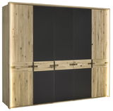 Moderner Kleiderschrank aus Holz mit dunklen Türen, frontal betrachtet.