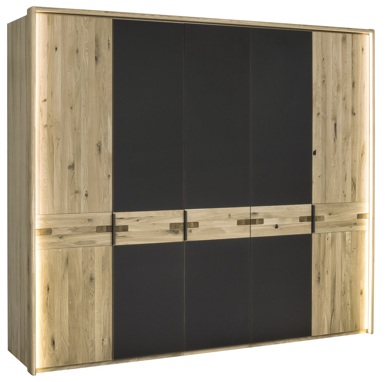 Moderner Kleiderschrank aus Holz mit dunklen Türen, frontal betrachtet.