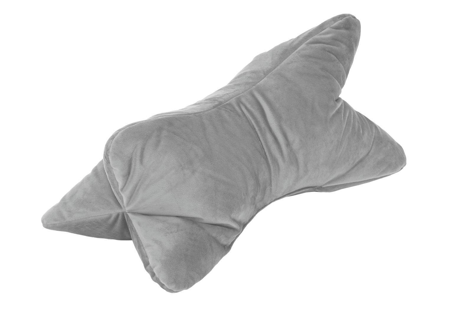 Grauer Leseknochen aus weichem Stoff, seitliche Perspektive