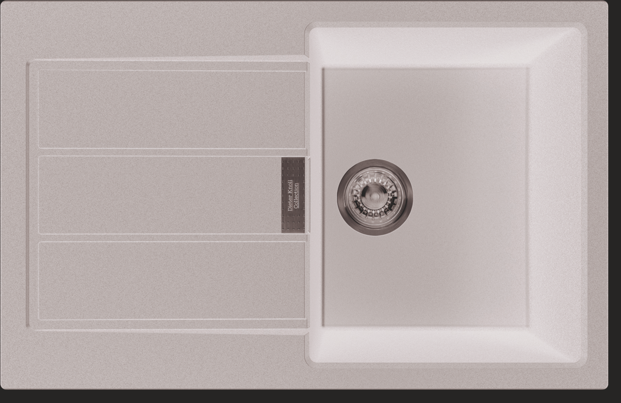 Einbauspüle in dunkler Farbe mit Abtropffläche und runder Abflussöffnung, Draufsicht