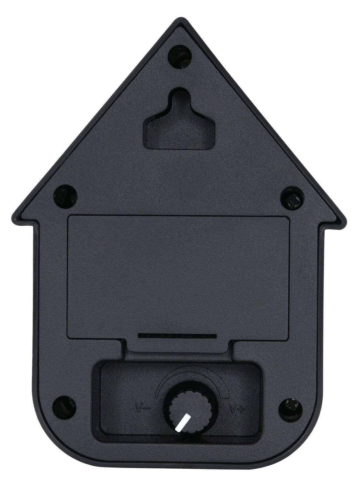 Rückansicht einer modernen dunkelblauen Soundbox in Form eines Hauses mit Lautstärkeregler und Wandhalterung.