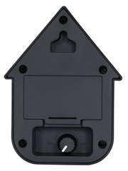 Rückansicht einer modernen dunkelblauen Soundbox in Form eines Hauses mit Lautstärkeregler und Wandhalterung.