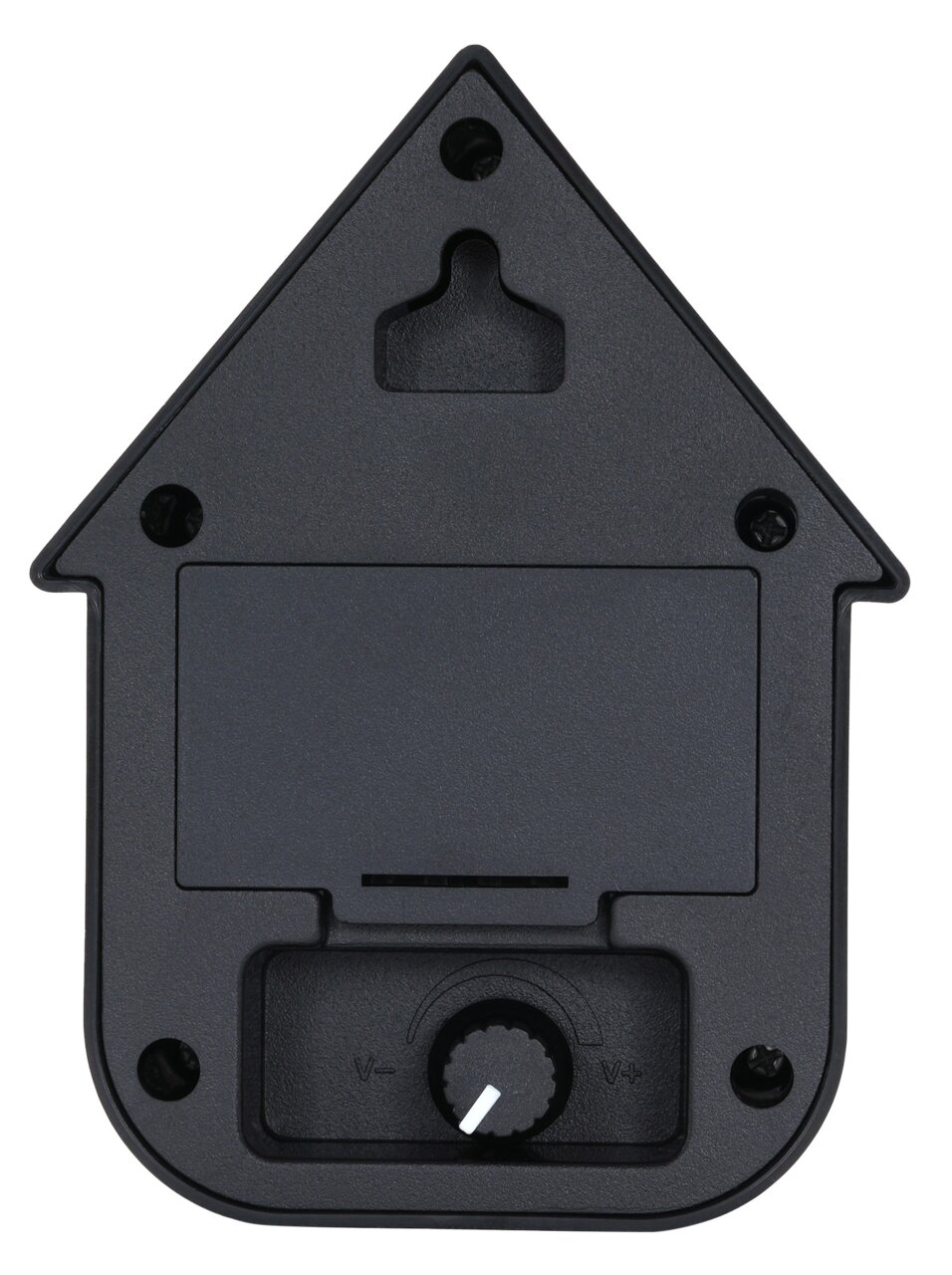 Rückansicht einer modernen dunkelblauen Soundbox in Form eines Hauses mit Lautstärkeregler und Wandhalterung.