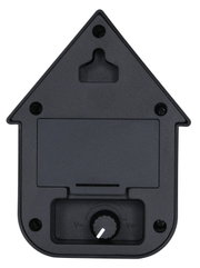Rückansicht einer modernen dunkelblauen Soundbox in Form eines Hauses mit Lautstärkeregler und Wandhalterung.