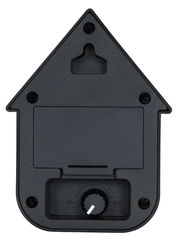 Rückansicht einer modernen dunkelblauen Soundbox in Form eines Hauses mit Lautstärkeregler und Wandhalterung.