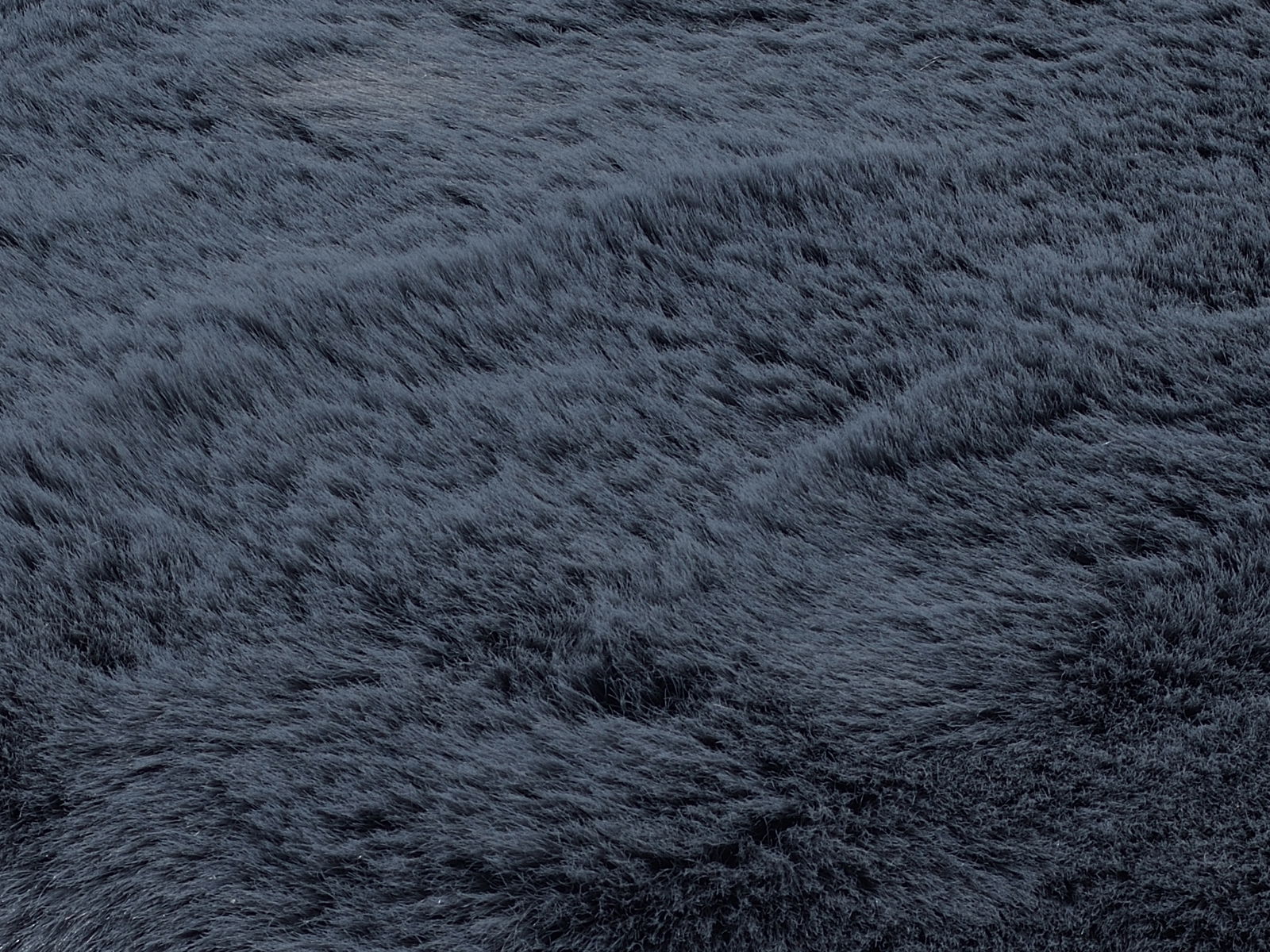 Nahaufnahme eines dunkelgrauen Fellteppichs mit weicher, flauschiger Textur, von oben betrachtet.