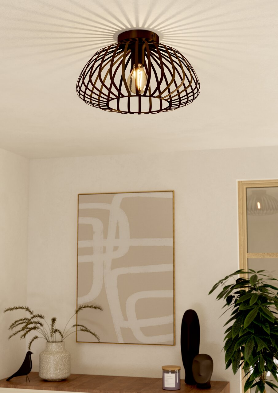 Plafondlamp ESPINAL van Eglo in een moderne woonkamer, gefotografeerd vanuit een laag standpunt.