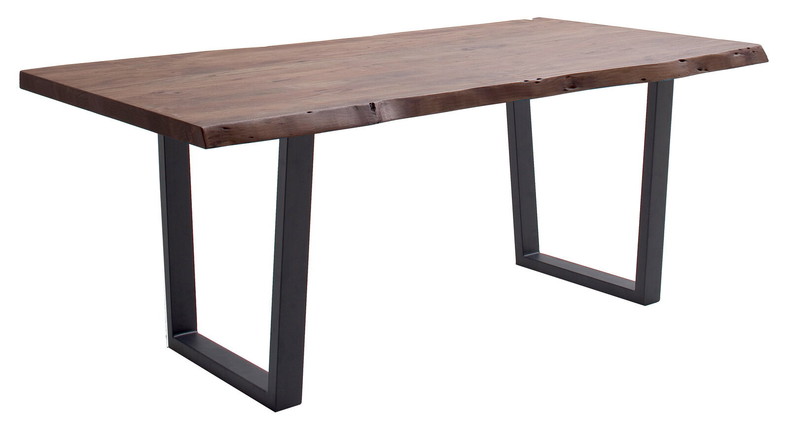 Moderner Esstisch aus Holz mit natürlicher Kante und Metallbeinen, seitliche Perspektive