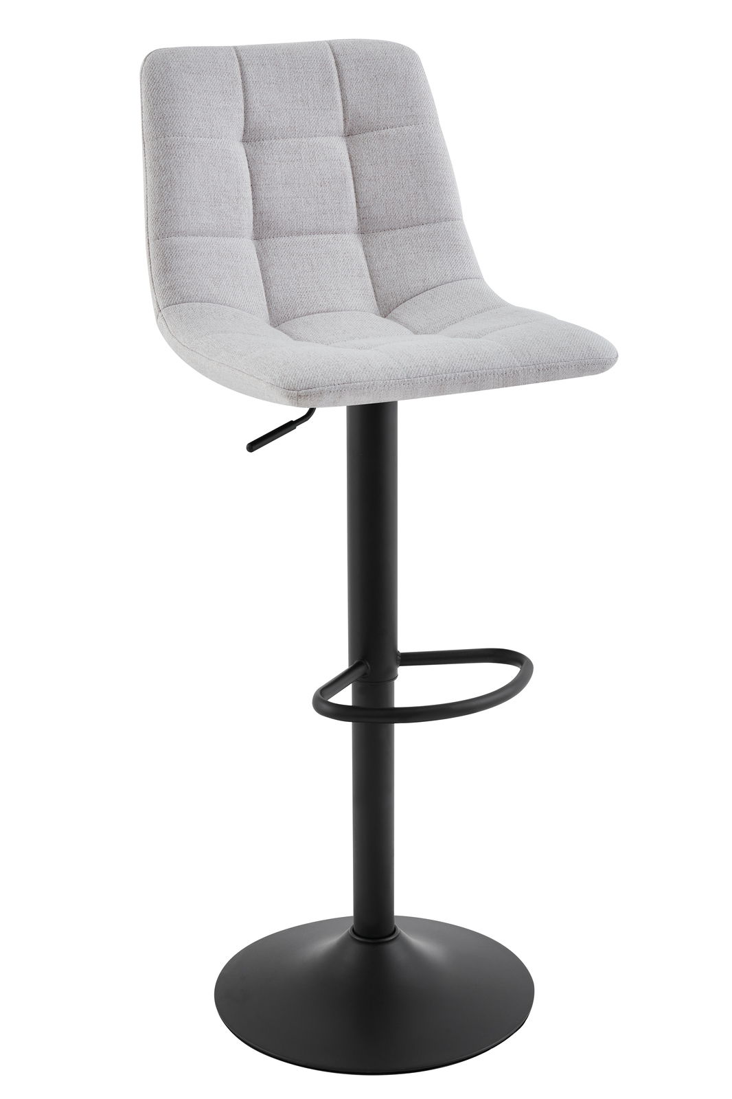 Moderner Barhocker mit grauem, gepolstertem Sitz und schwarzem Metallgestell, seitliche Perspektive