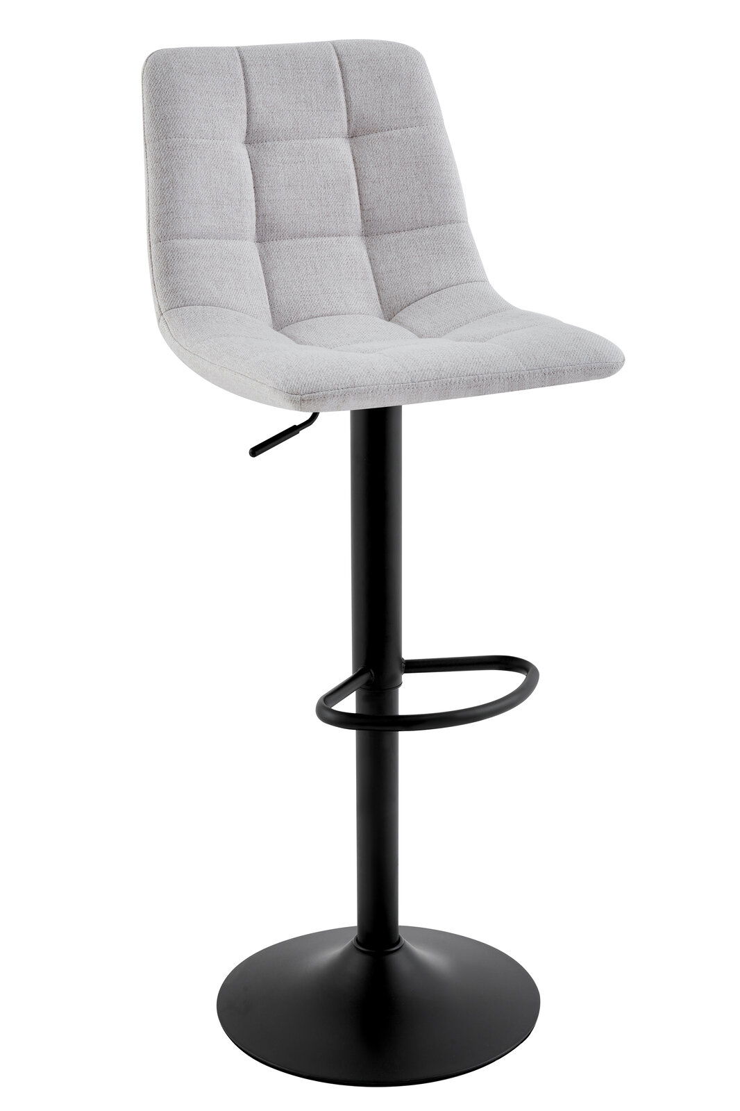 Moderner Barhocker mit grauem, gepolstertem Sitz und schwarzem Metallgestell, seitliche Perspektive