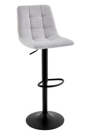 Moderner Barhocker mit grauem, gepolstertem Sitz und schwarzem Metallgestell, seitliche Perspektive