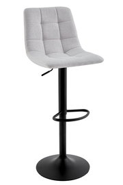 Moderner Barhocker mit grauem, gepolstertem Sitz und schwarzem Metallgestell, seitliche Perspektive