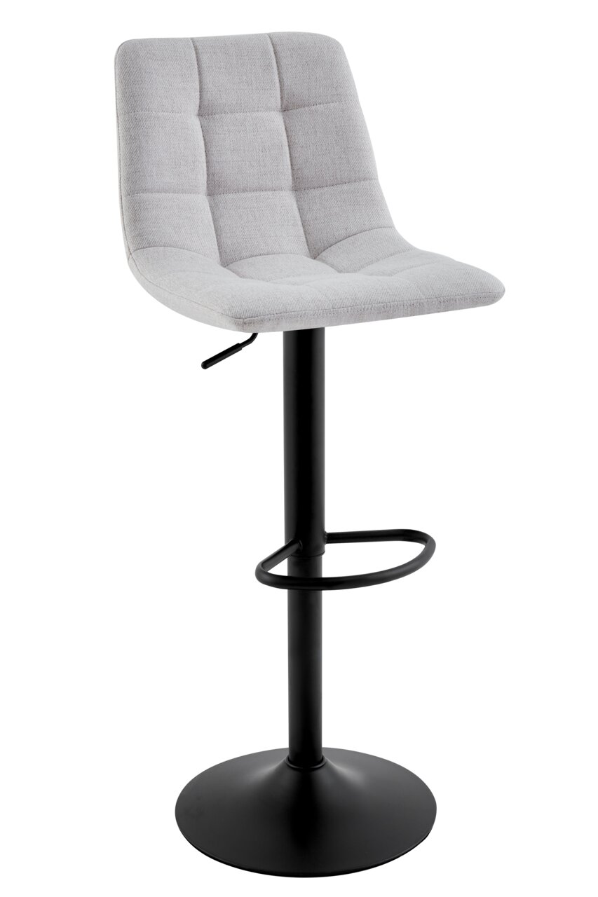 Moderner Barhocker mit grauem, gepolstertem Sitz und schwarzem Metallgestell, seitliche Perspektive