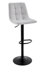 Moderner Barhocker mit grauem, gepolstertem Sitz und schwarzem Metallgestell, seitliche Perspektive